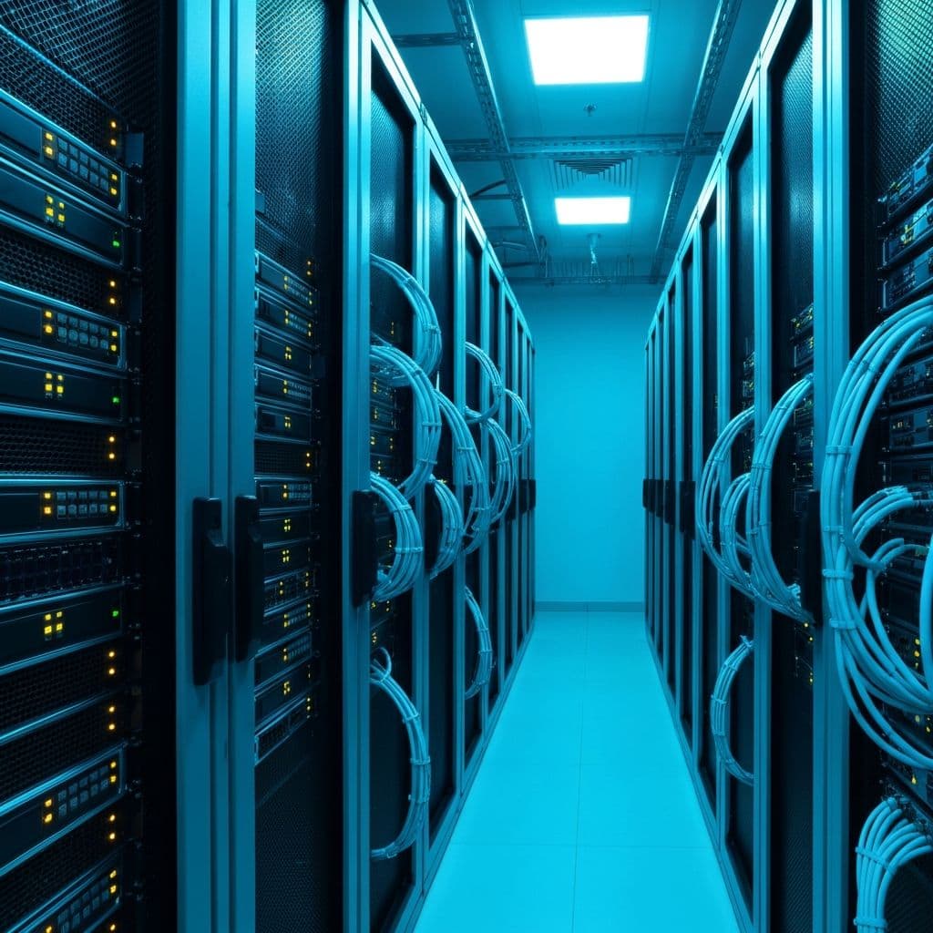 Enterprise server room with rack-mounted servers, monitoring displays, and redundant power systems