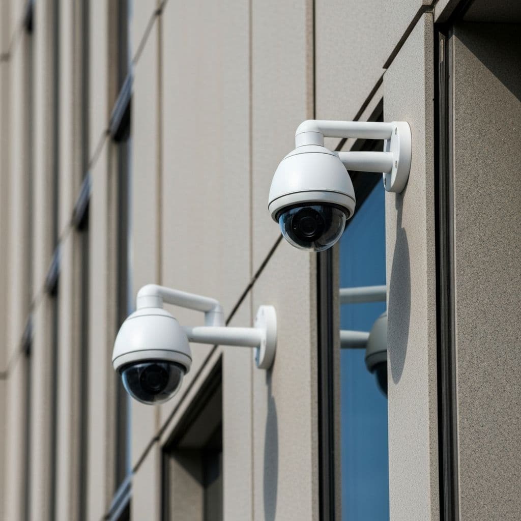 Enterprise HD surveillance camera system monitoring a commercial building exterior